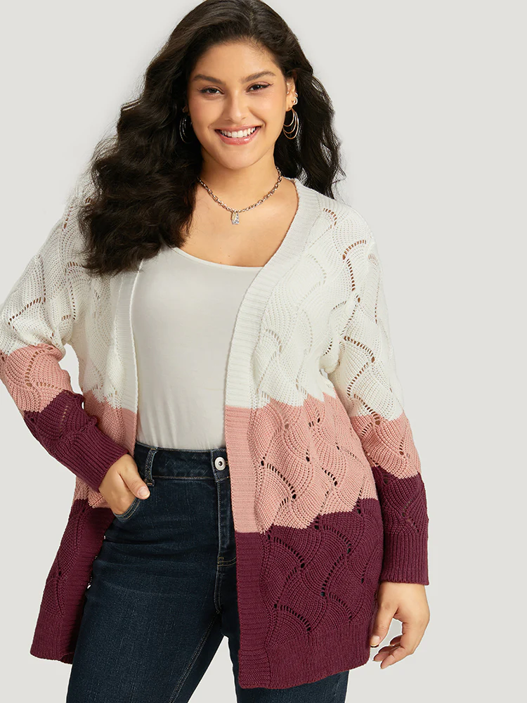 Colorblock Contrast Open Front Eyelet Cardigan - Image 4
