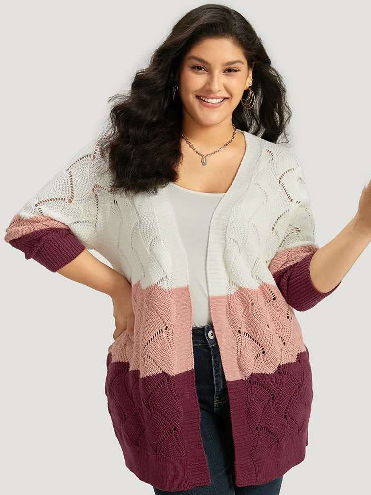 Colorblock Contrast Open Front Eyelet Cardigan - Image 5