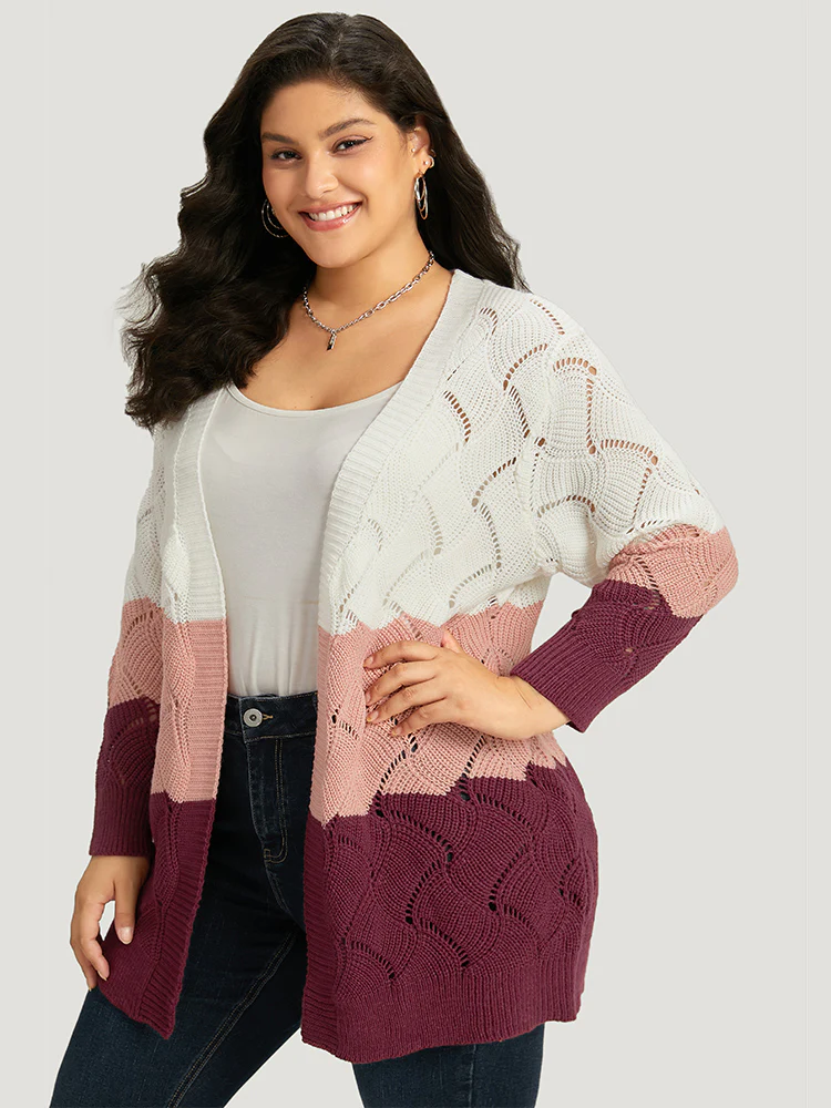 Colorblock Contrast Open Front Eyelet Cardigan - Image 6