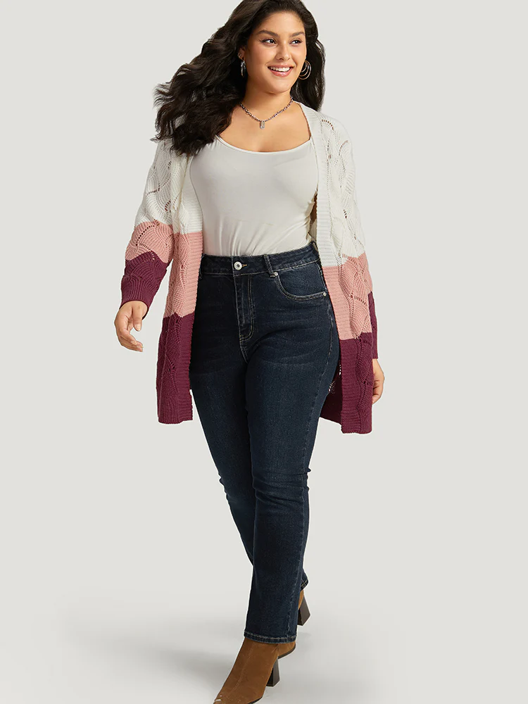 Colorblock Contrast Open Front Eyelet Cardigan - Image 7