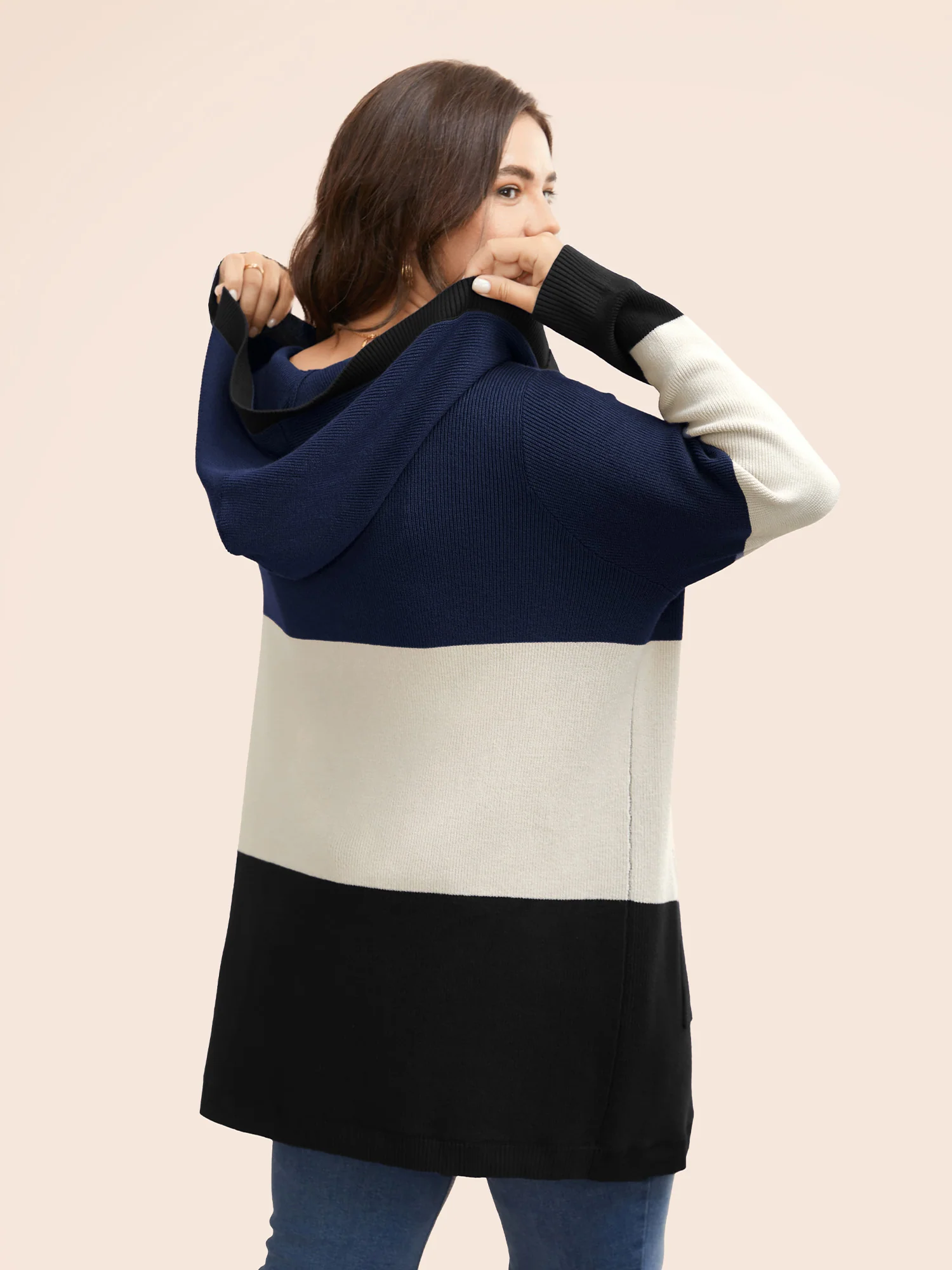 Colorblock Contrast Patched Pocket Hooded Cardigan - Image 10