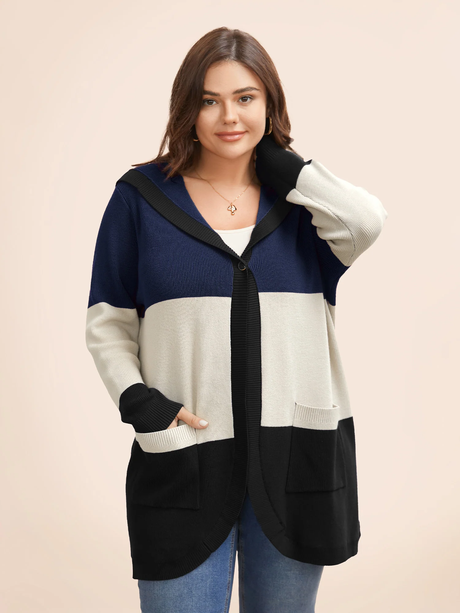 Colorblock Contrast Patched Pocket Hooded Cardigan - Image 11