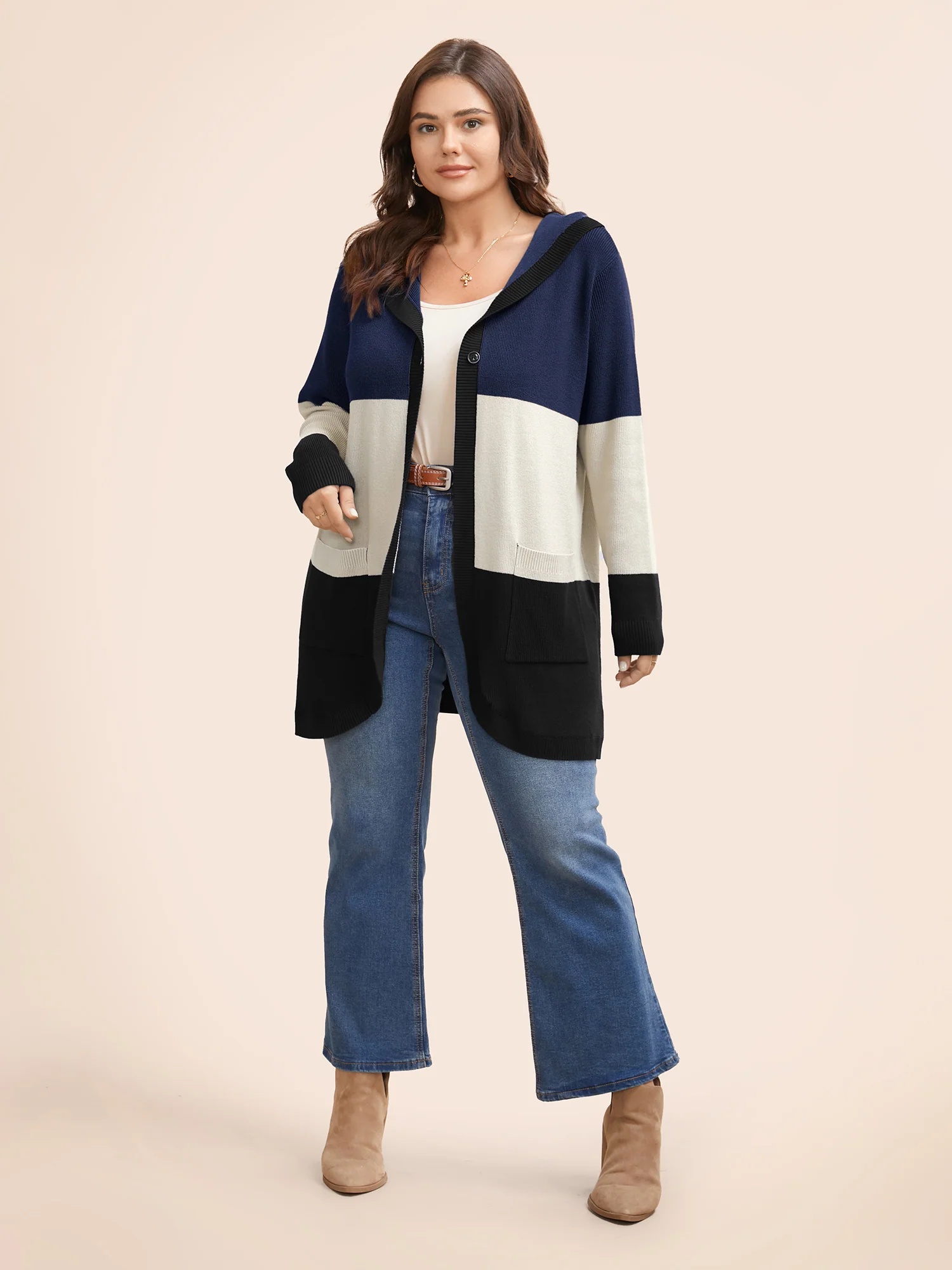 Colorblock Contrast Patched Pocket Hooded Cardigan - Image 12