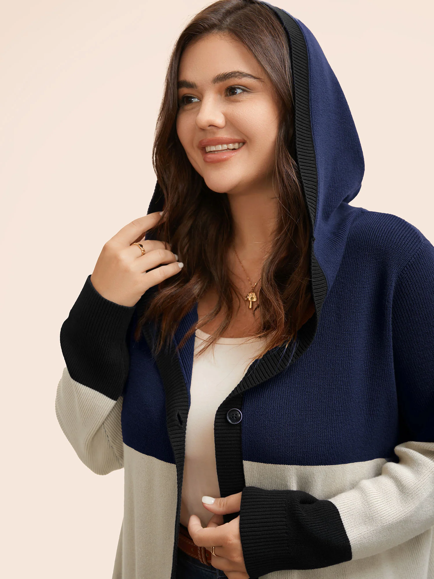 Colorblock Contrast Patched Pocket Hooded Cardigan - Image 13