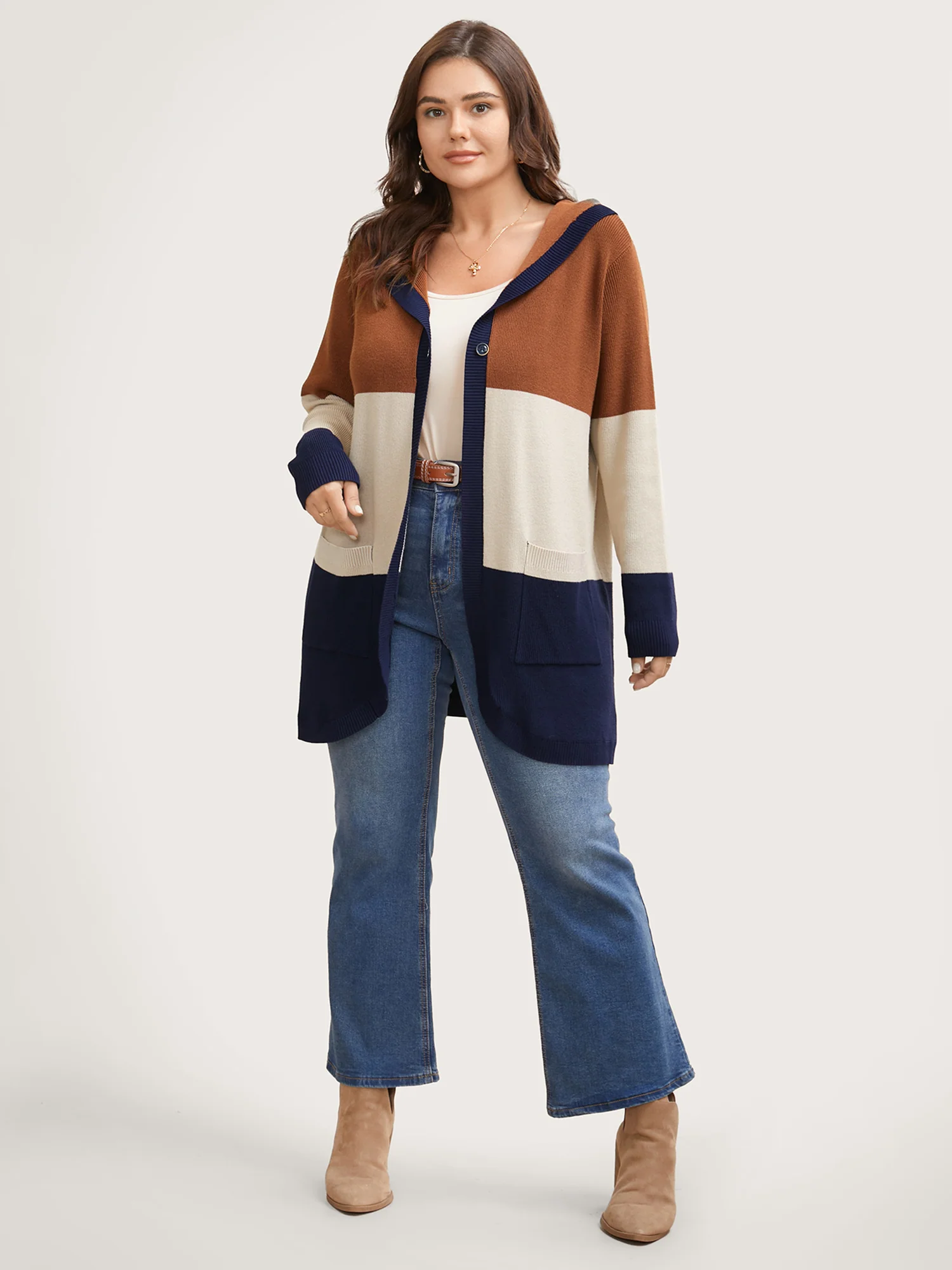 Colorblock Contrast Patched Pocket Hooded Cardigan - Image 2