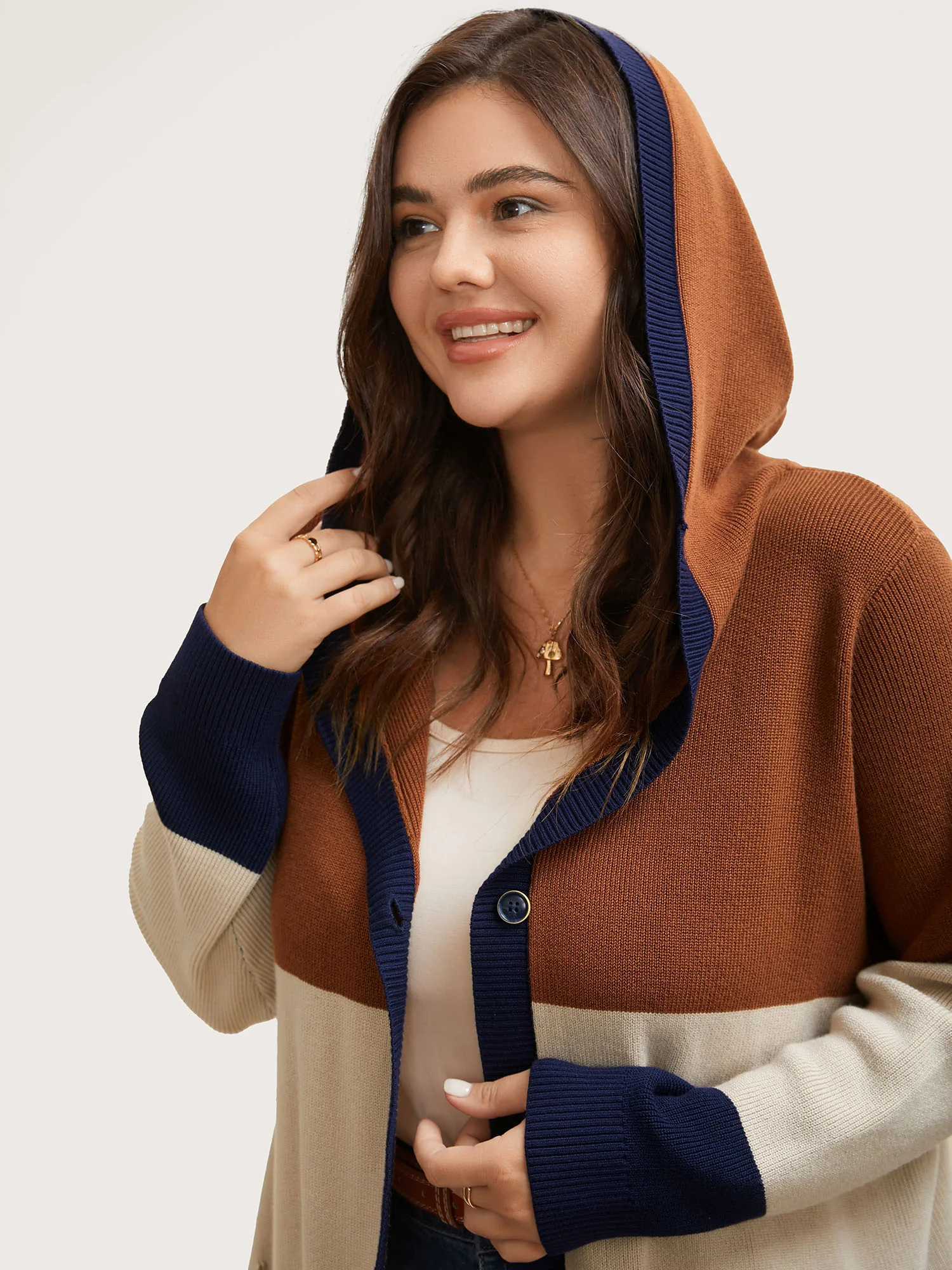 Colorblock Contrast Patched Pocket Hooded Cardigan - Image 3