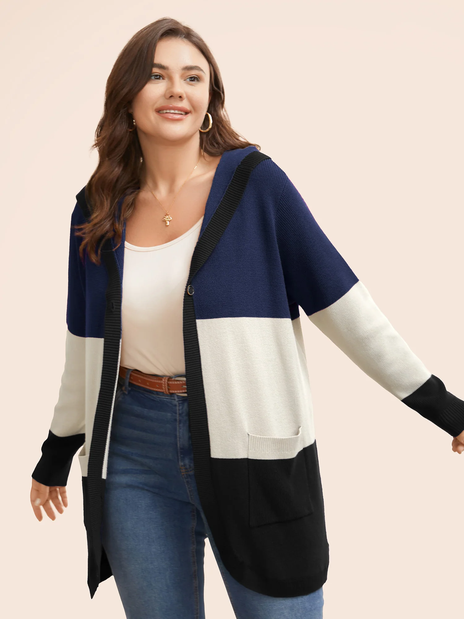 Colorblock Contrast Patched Pocket Hooded Cardigan - Image 9