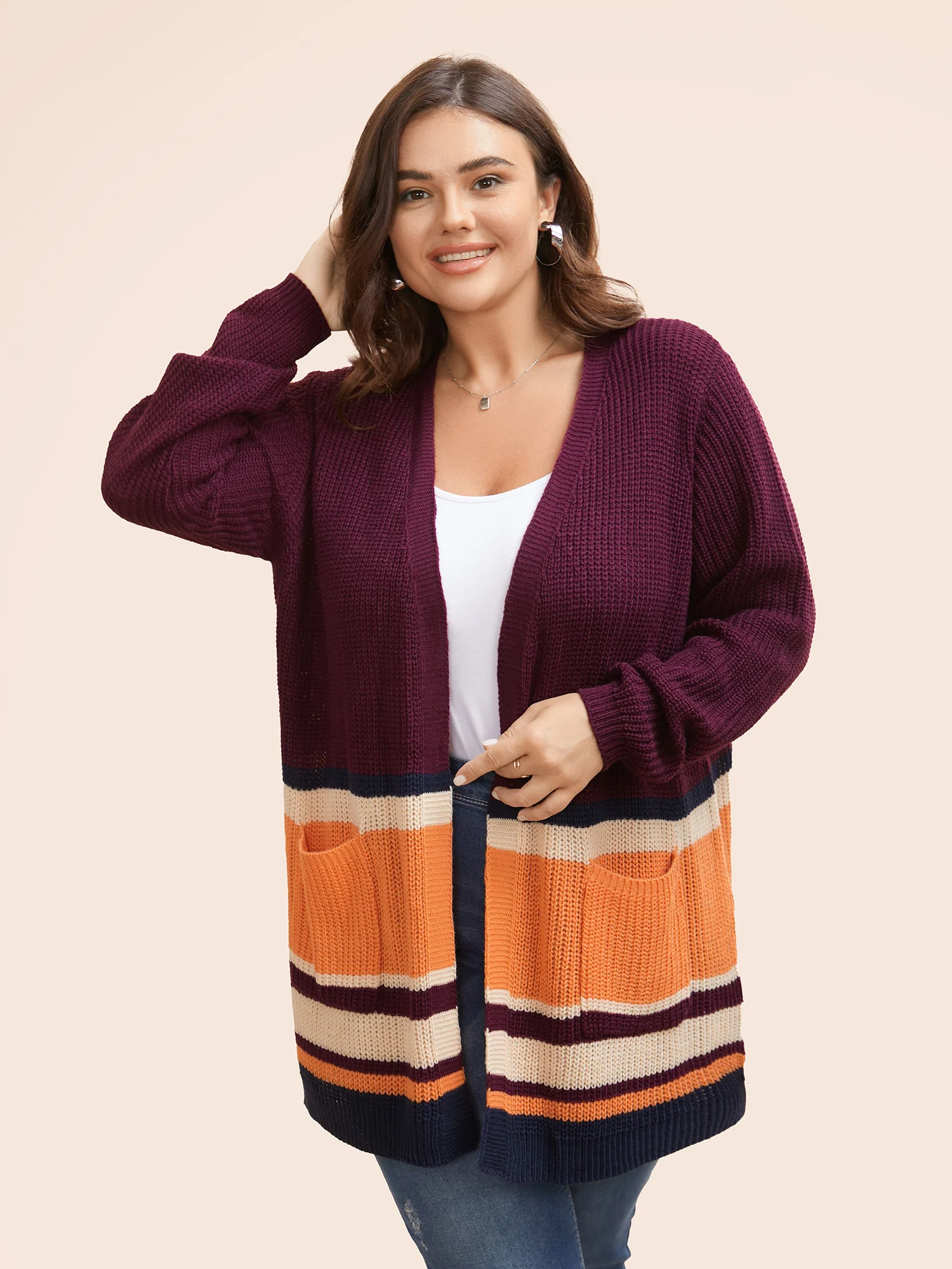 Colorblock Contrast Patched Pocket Open Front Cardigan - Image 2