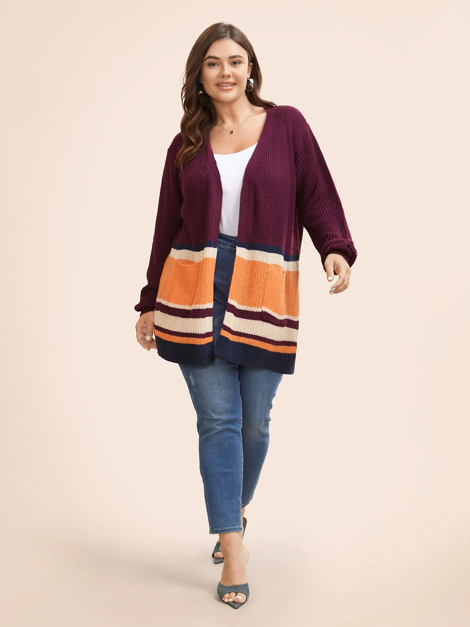Colorblock Contrast Patched Pocket Open Front Cardigan - Image 4