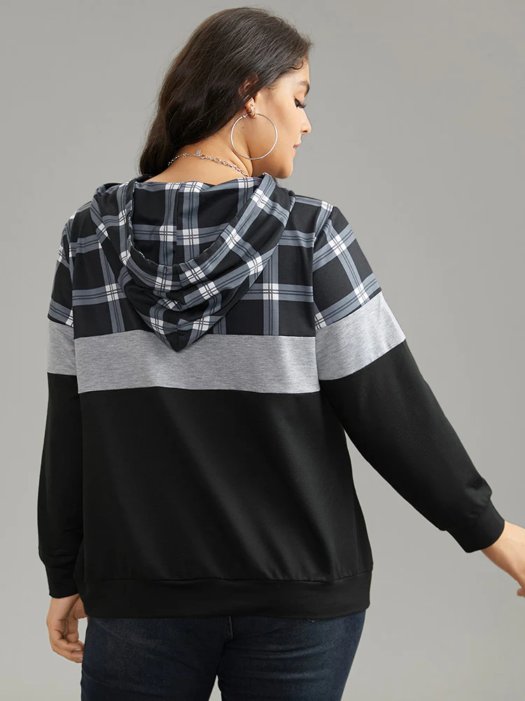 Colorblock Contrast Plaid Kangaroo Pocket Sweatshirt - Image 2