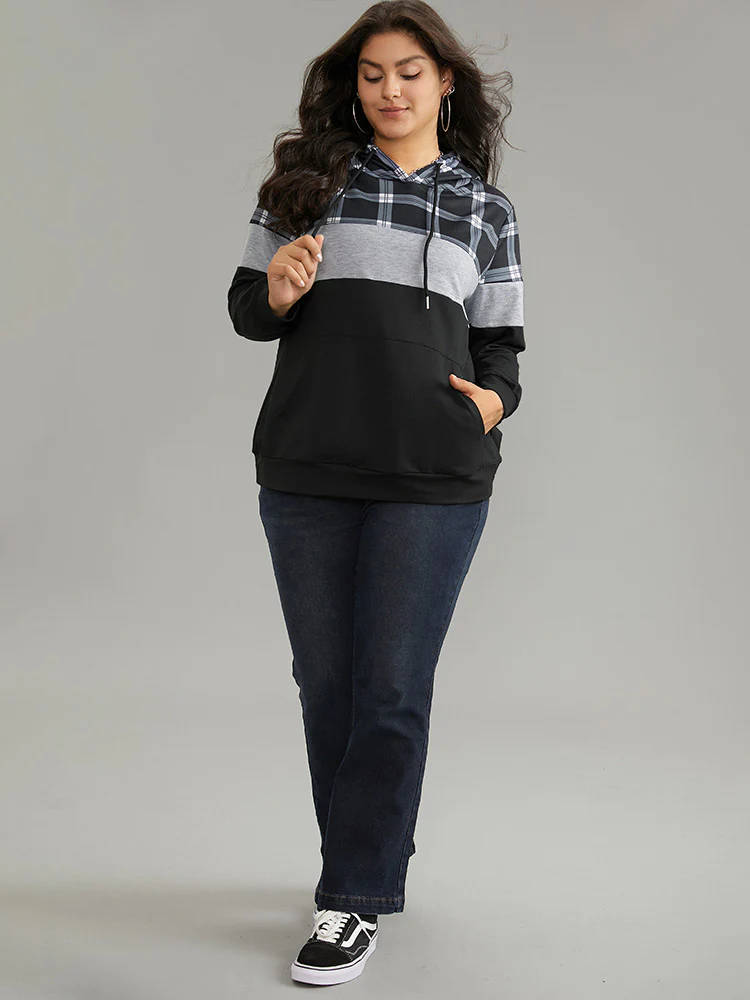 Colorblock Contrast Plaid Kangaroo Pocket Sweatshirt - Image 3