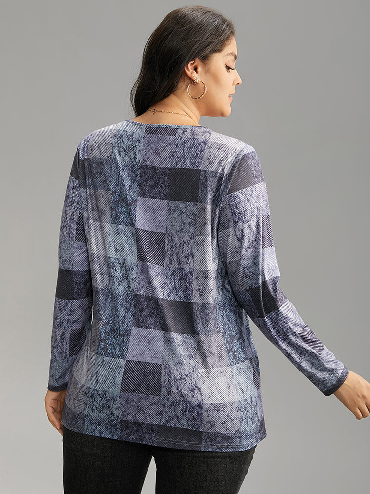 Colorblock Contrast Plaid Round Neck T-shirt - Image 2