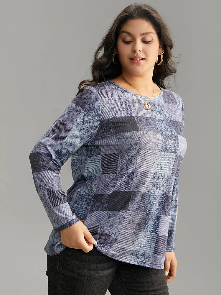 Colorblock Contrast Plaid Round Neck T-shirt - Image 3