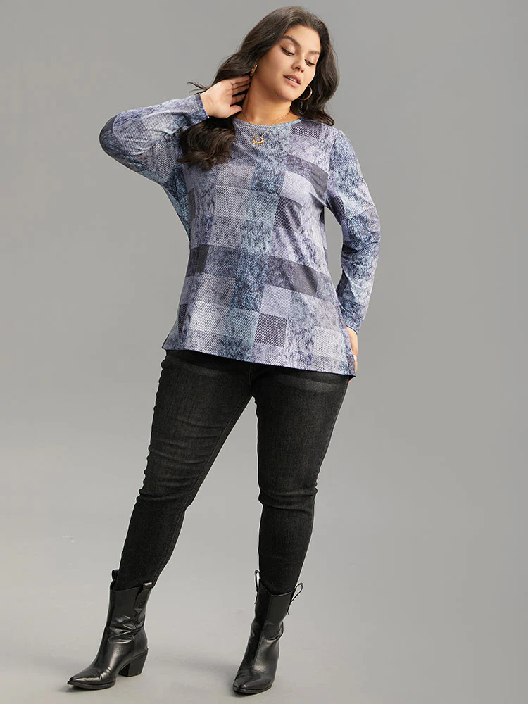 Colorblock Contrast Plaid Round Neck T-shirt - Image 4
