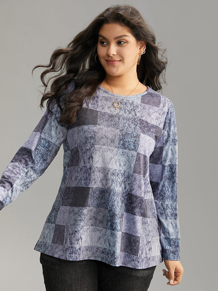 Colorblock Contrast Plaid Round Neck T-shirt - Image 5