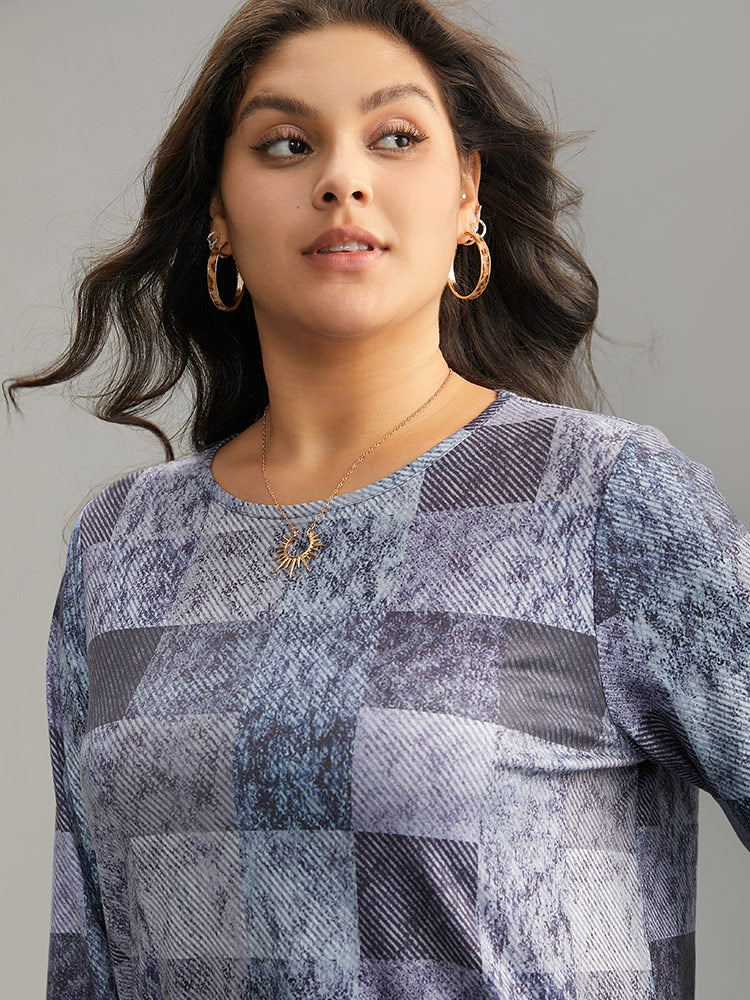 Colorblock Contrast Plaid Round Neck T-shirt - Image 6