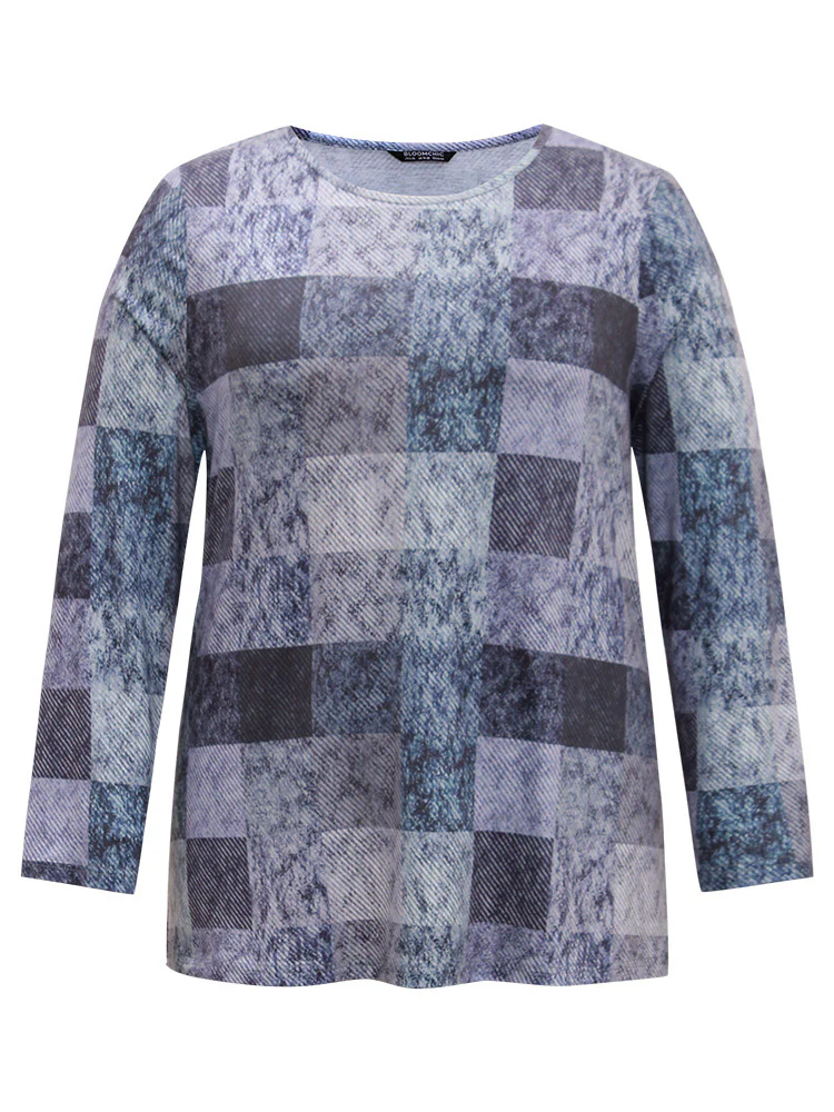 Colorblock Contrast Plaid Round Neck T-shirt - Image 7