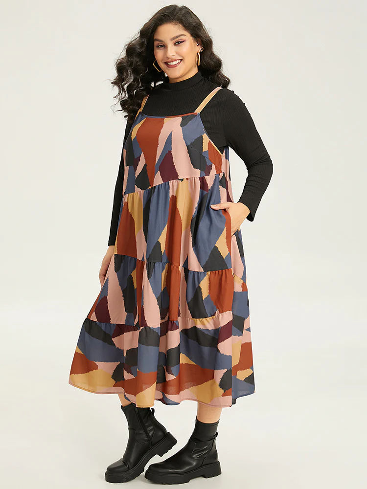 Colorblock Contrast Pocket Cami Ruffle Hem Dress - Image 8