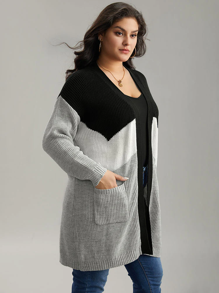 Colorblock Contrast Pocket Open Front Cardigan - Image 3