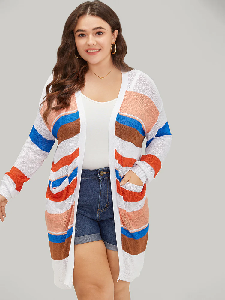 Colorblock Contrast Pocket Tunic Open Front Cardigan - Image 3