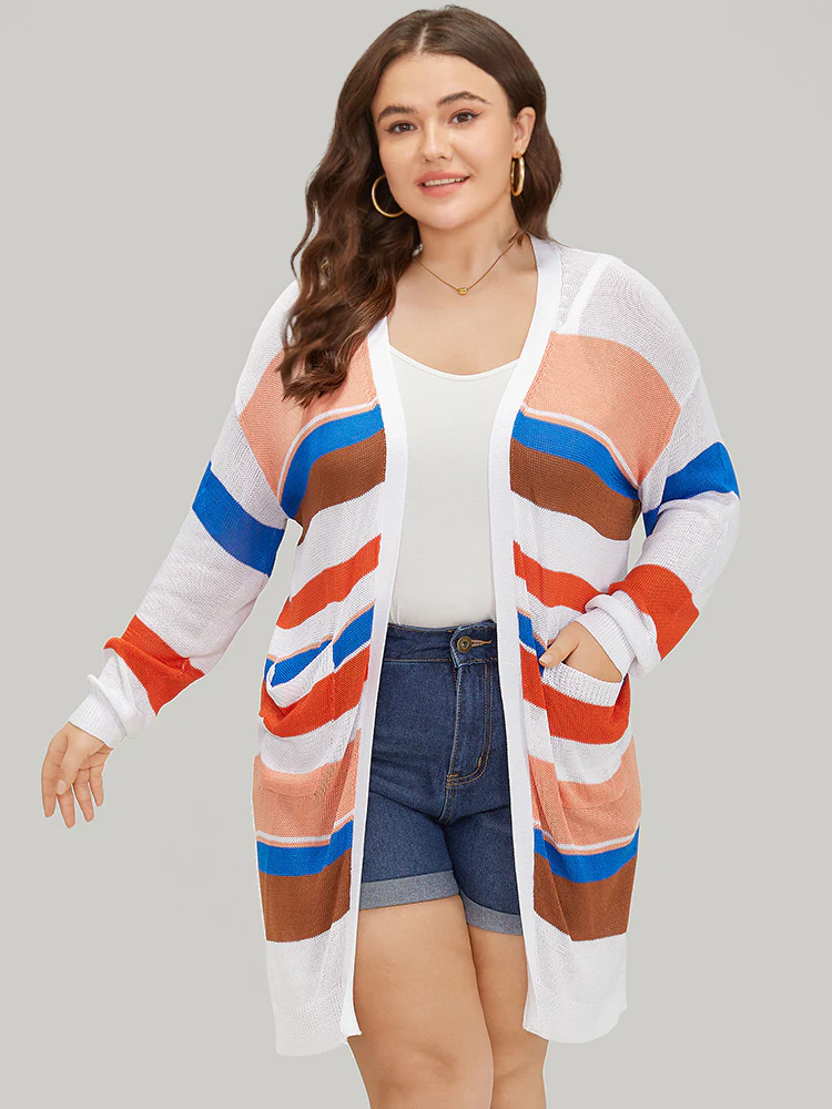 Colorblock Contrast Pocket Tunic Open Front Cardigan - Image 4