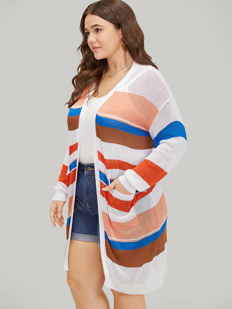Colorblock Contrast Pocket Tunic Open Front Cardigan - Image 5