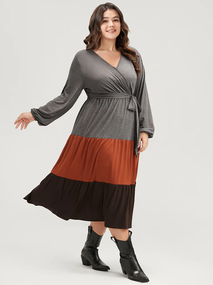 Colorblock Contrast Pocket Wrap Belted Ruffle Tiered Dress - Image 2