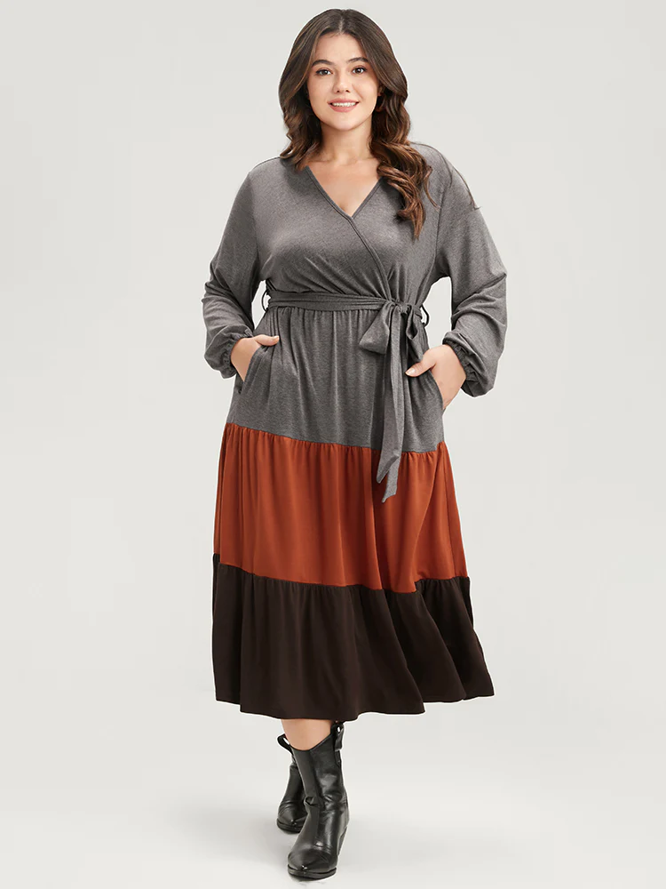 Colorblock Contrast Pocket Wrap Belted Ruffle Tiered Dress - Image 3