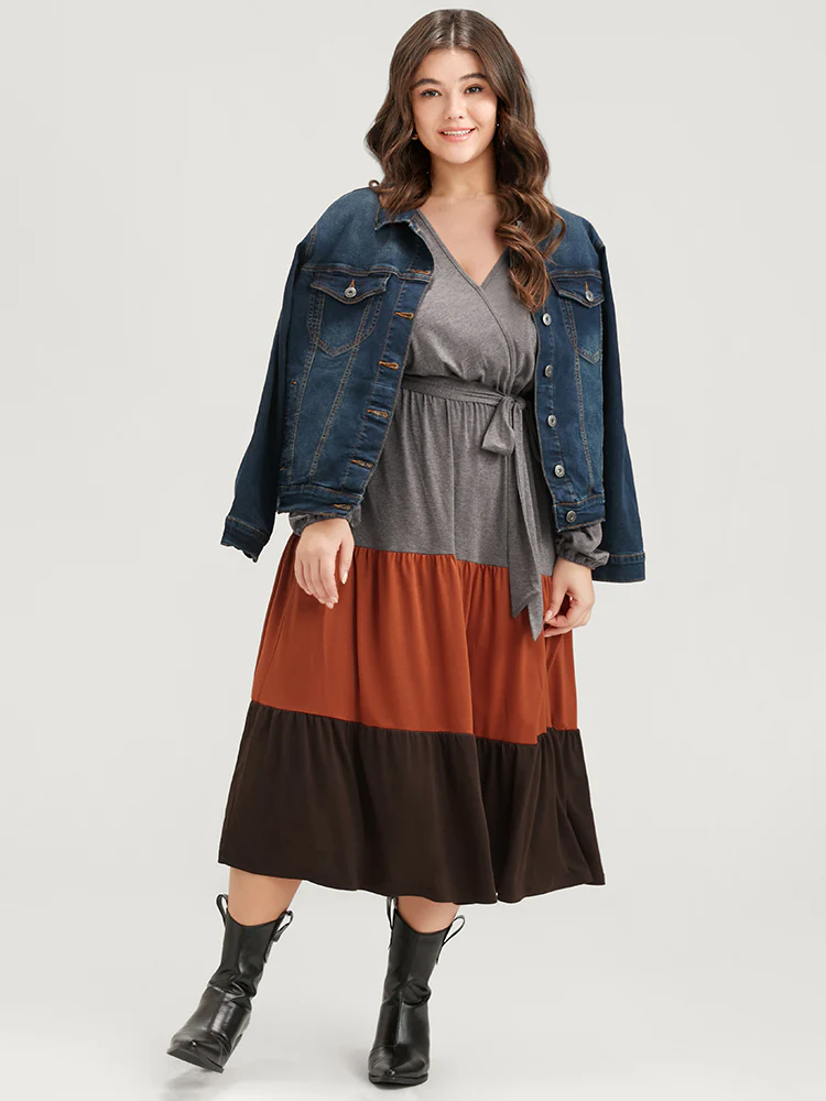 Colorblock Contrast Pocket Wrap Belted Ruffle Tiered Dress - Image 4