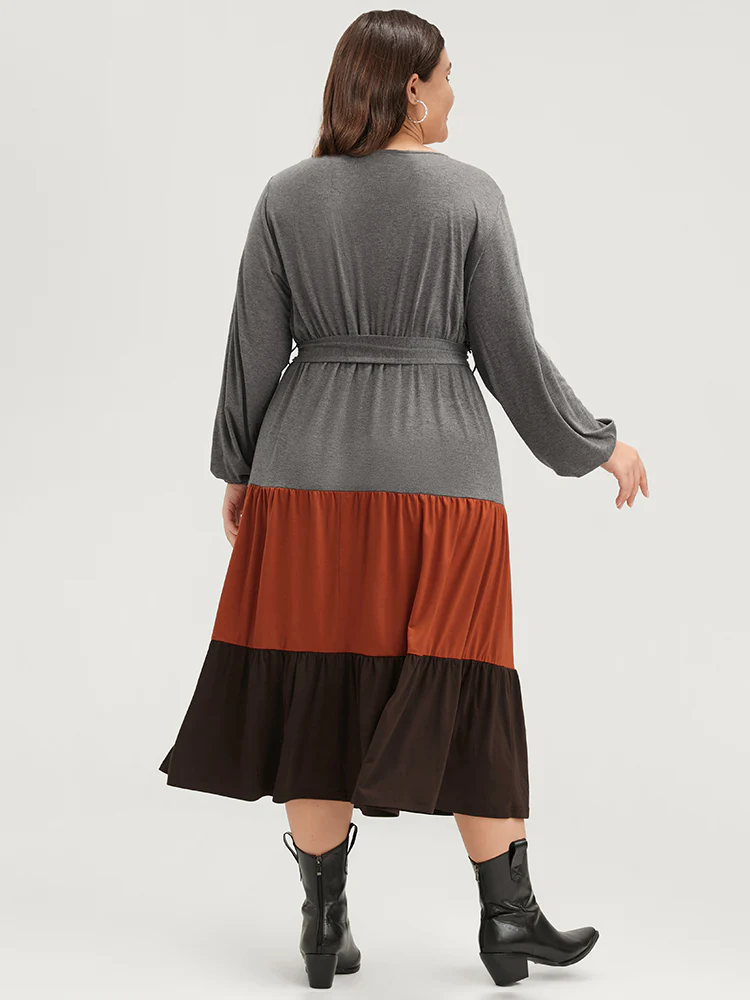Colorblock Contrast Pocket Wrap Belted Ruffle Tiered Dress - Image 5