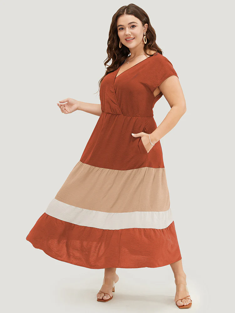 Colorblock Contrast Pocket Wrap Flutter Tiered Tank Dress - Image 2