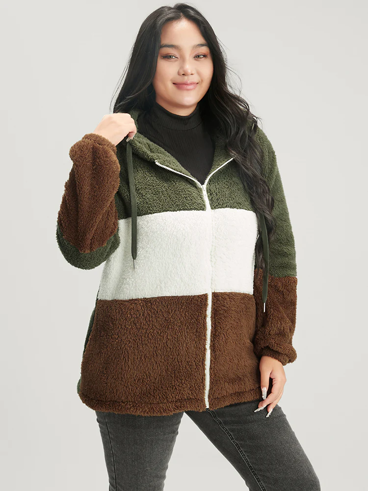Colorblock Contrast Pocket Zip Up Coat - Image 3