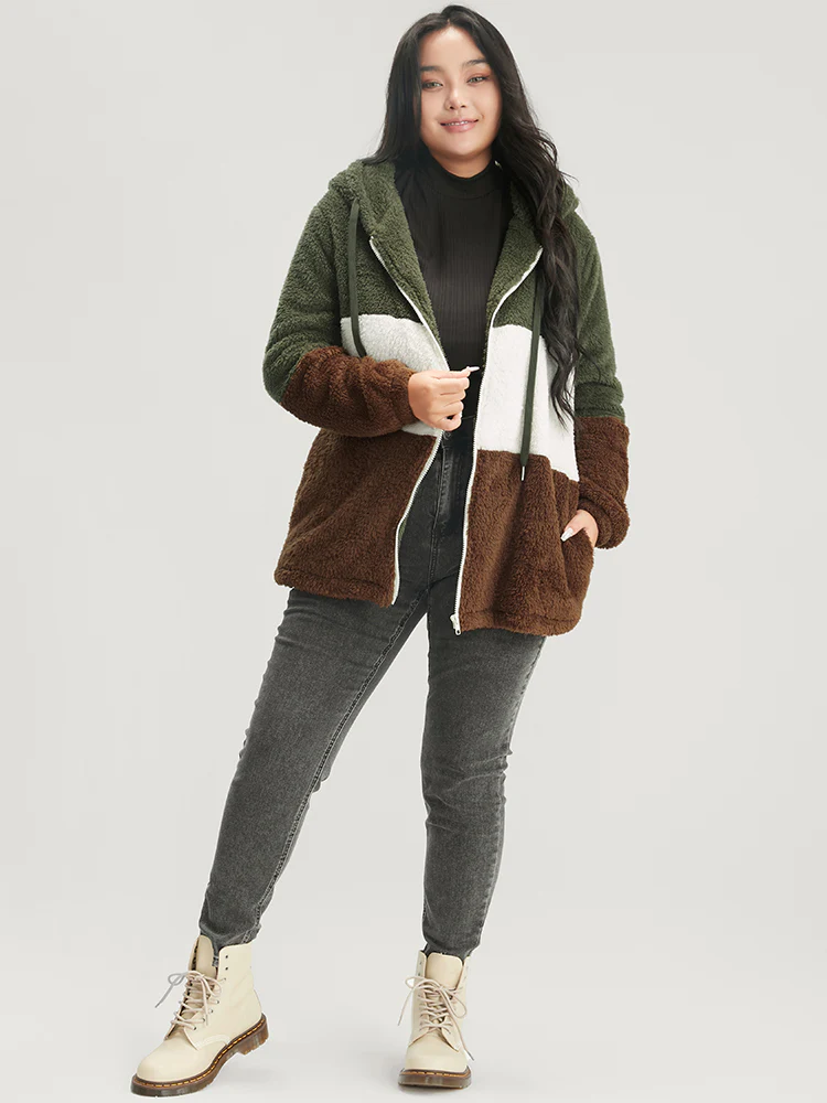 Colorblock Contrast Pocket Zip Up Coat - Image 7