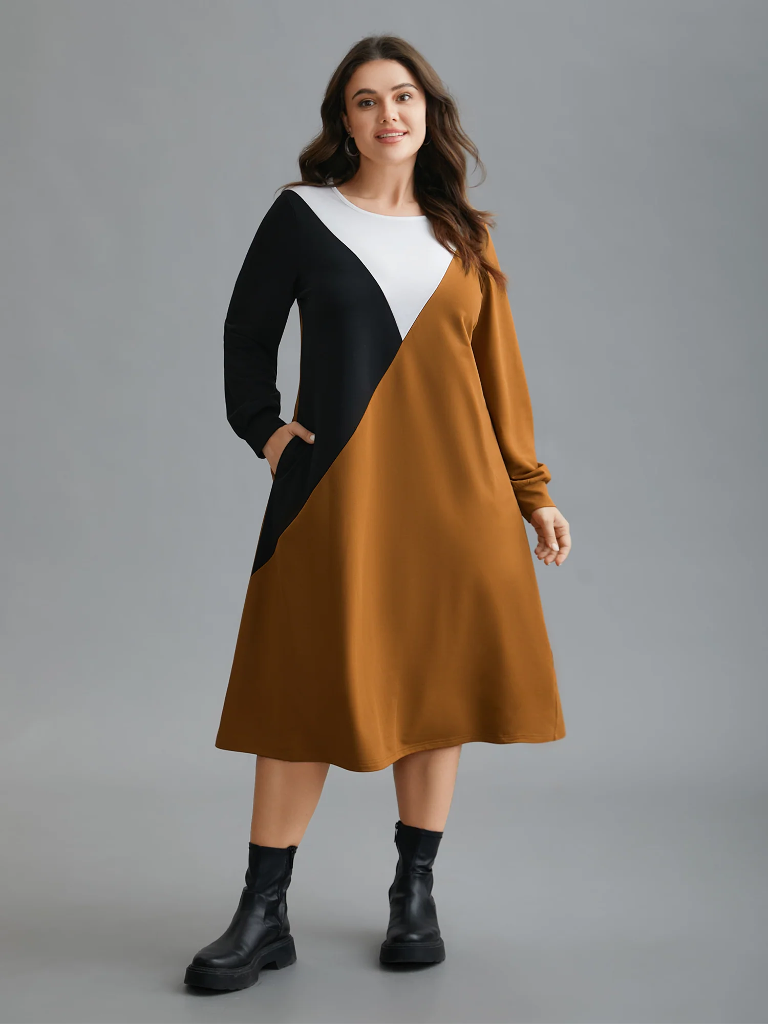 Colorblock Contrast Pockets Knitted Midi Dress - Image 2