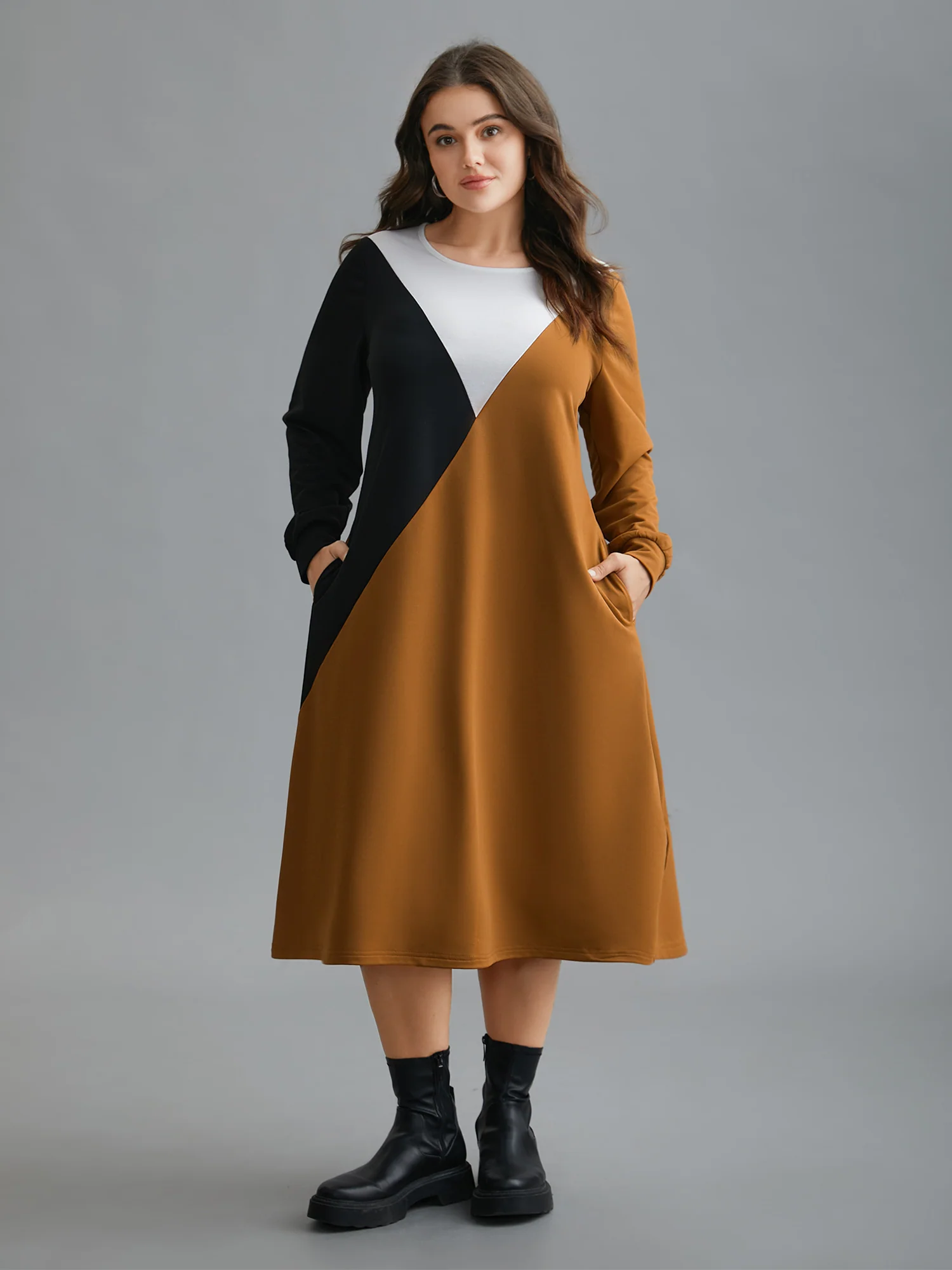 Colorblock Contrast Pockets Knitted Midi Dress - Image 3