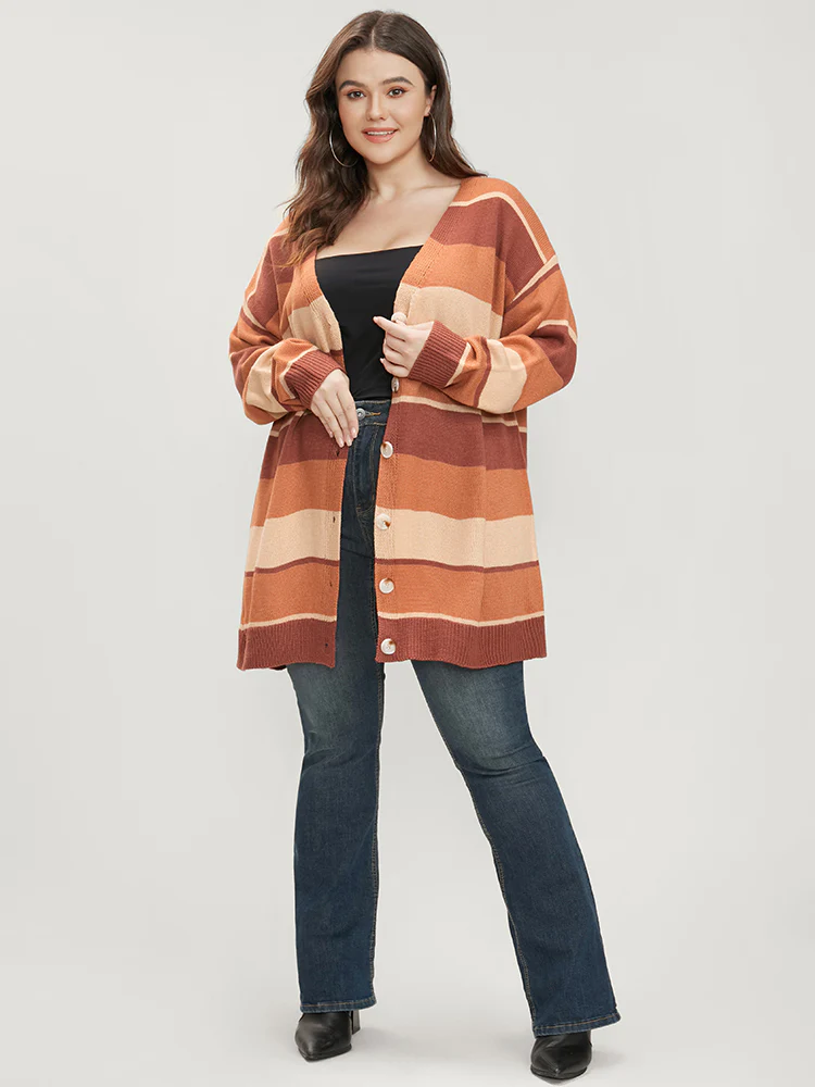 Colorblock Contrast Pointelle Knit Button Front Cardigan - Image 2