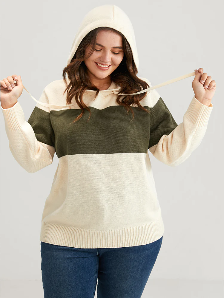 Colorblock Contrast Pointelle Knit  Drawstring Hooded Knit Top - Image 2