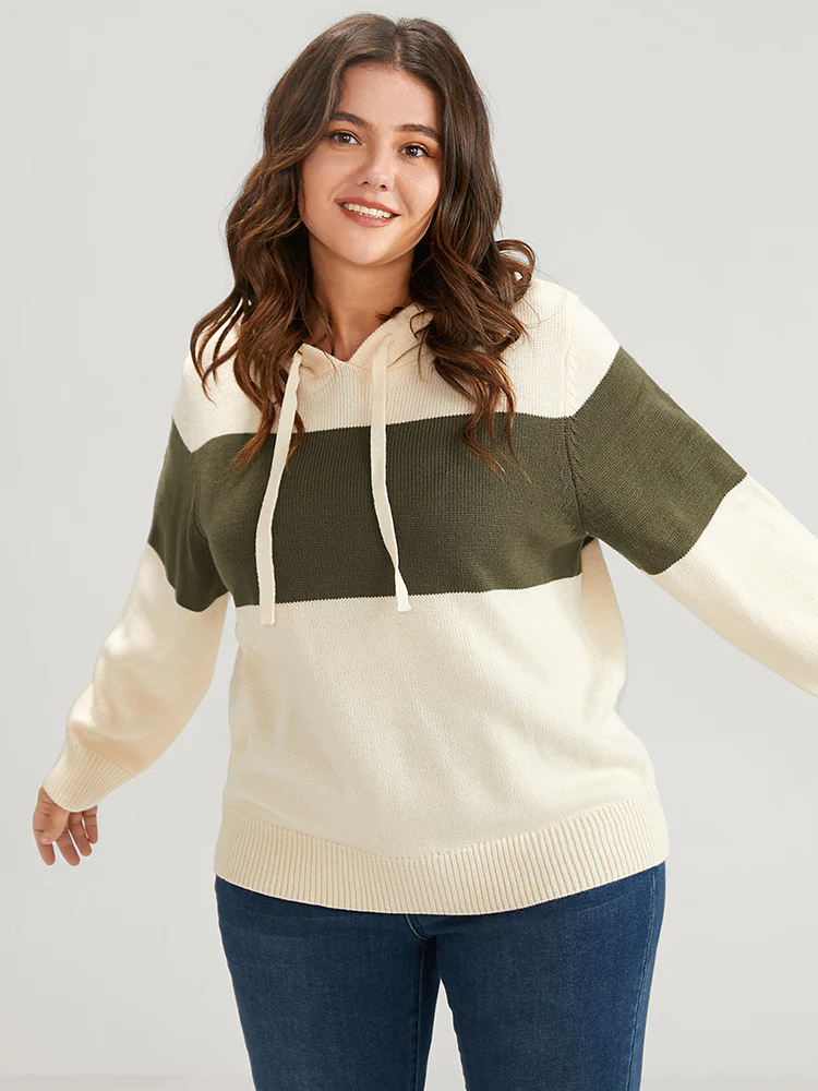 Colorblock Contrast Pointelle Knit  Drawstring Hooded Knit Top - Image 3