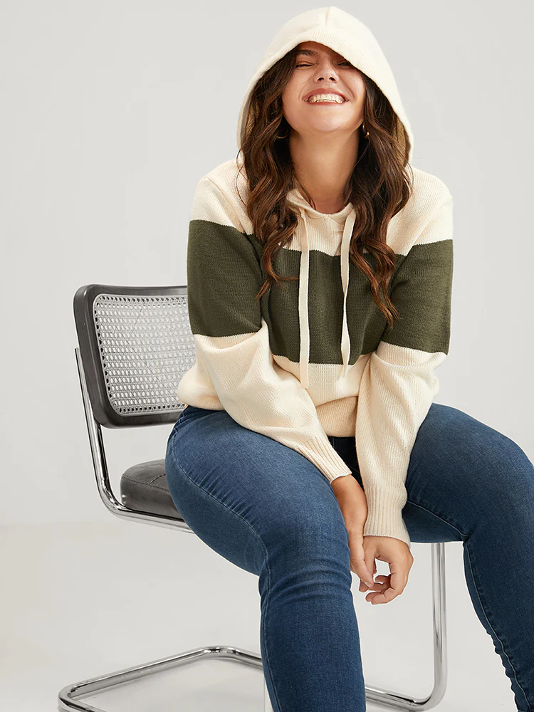 Colorblock Contrast Pointelle Knit  Drawstring Hooded Knit Top - Image 4