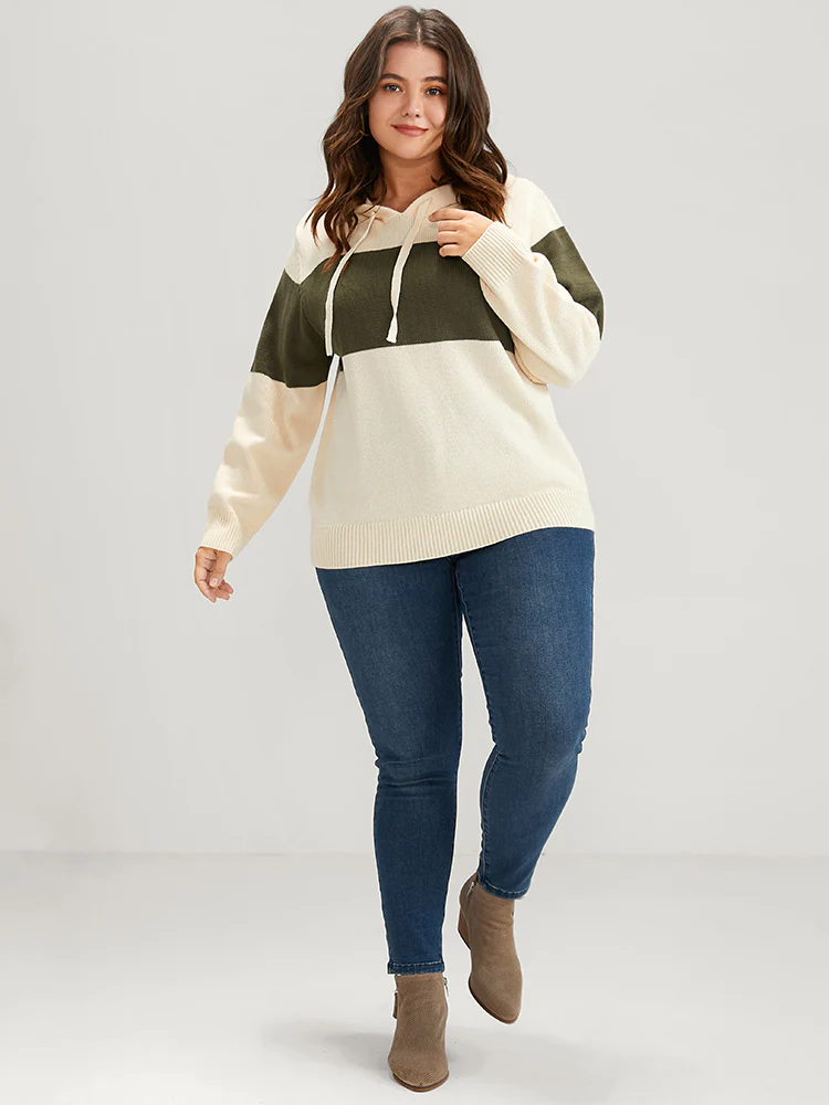 Colorblock Contrast Pointelle Knit  Drawstring Hooded Knit Top - Image 5