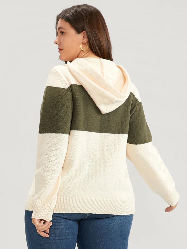 Colorblock Contrast Pointelle Knit  Drawstring Hooded Knit Top - Image 6