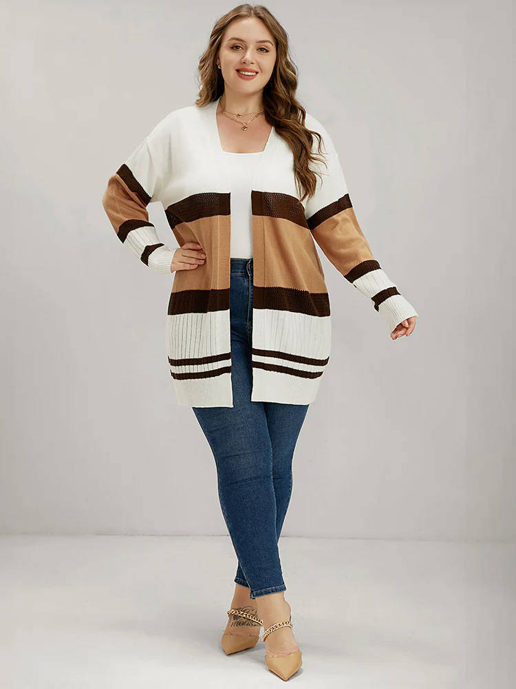 Colorblock Contrast Pointelle Knit Eyelet Open Front Cardigan - Image 3