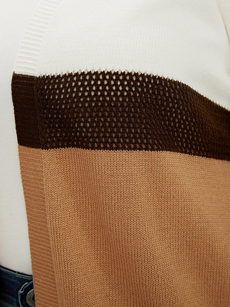 Colorblock Contrast Pointelle Knit Eyelet Open Front Cardigan - Image 5
