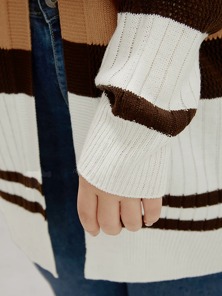 Colorblock Contrast Pointelle Knit Eyelet Open Front Cardigan - Image 6