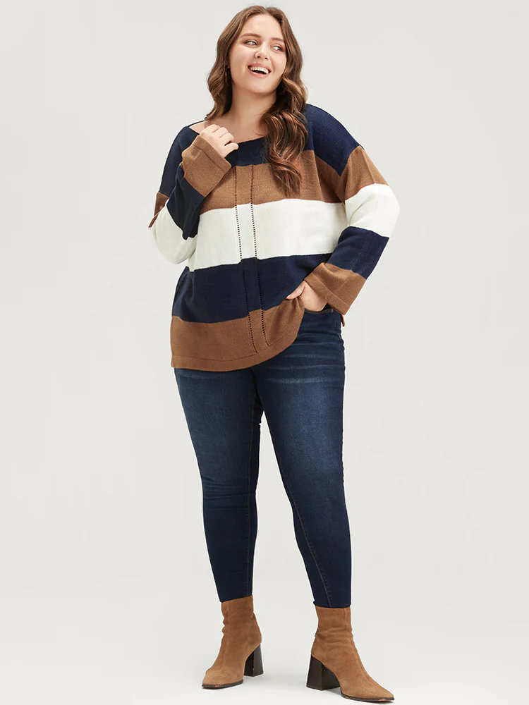 Colorblock Contrast Pointelle Knit Eyelet Split Hem Knit Top - Image 2