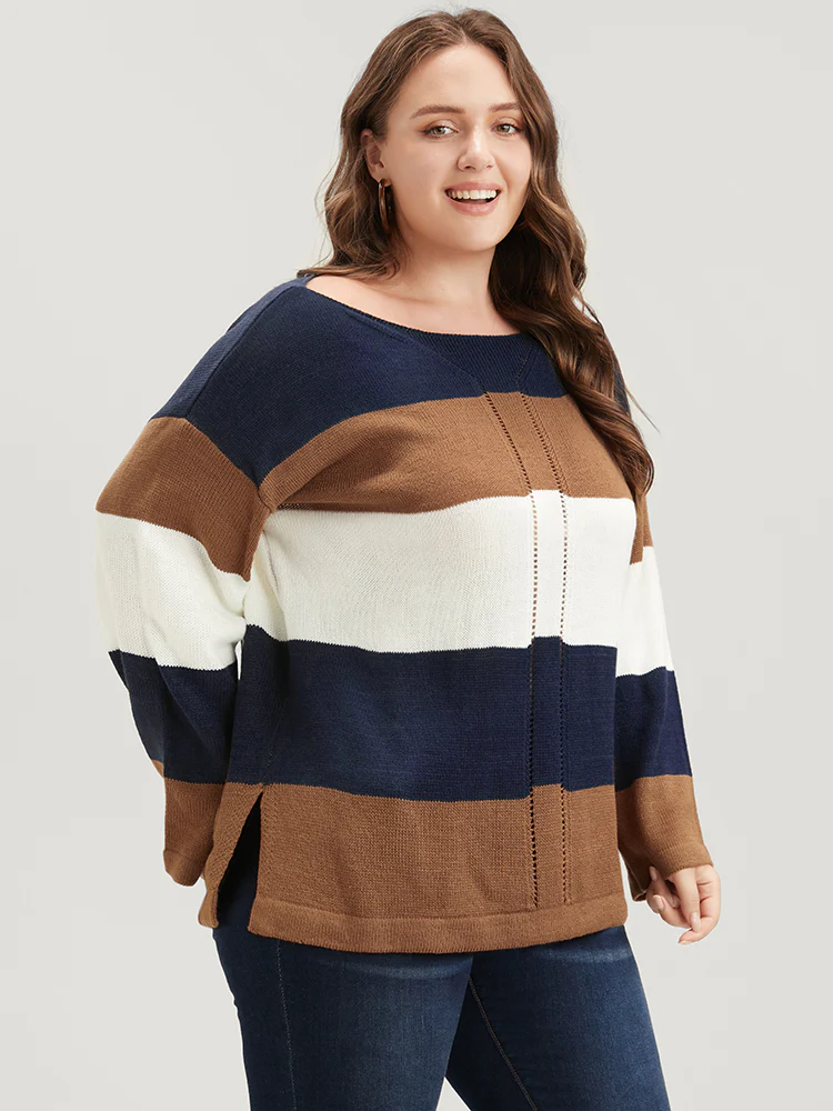 Colorblock Contrast Pointelle Knit Eyelet Split Hem Knit Top - Image 3