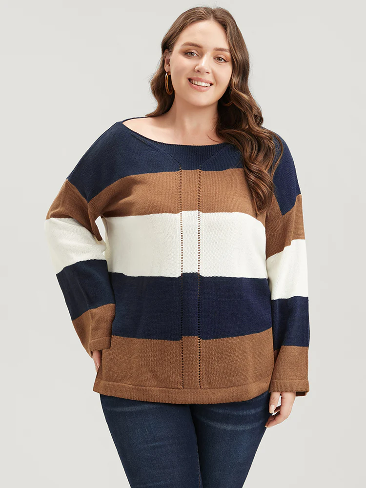 Colorblock Contrast Pointelle Knit Eyelet Split Hem Knit Top - Image 4