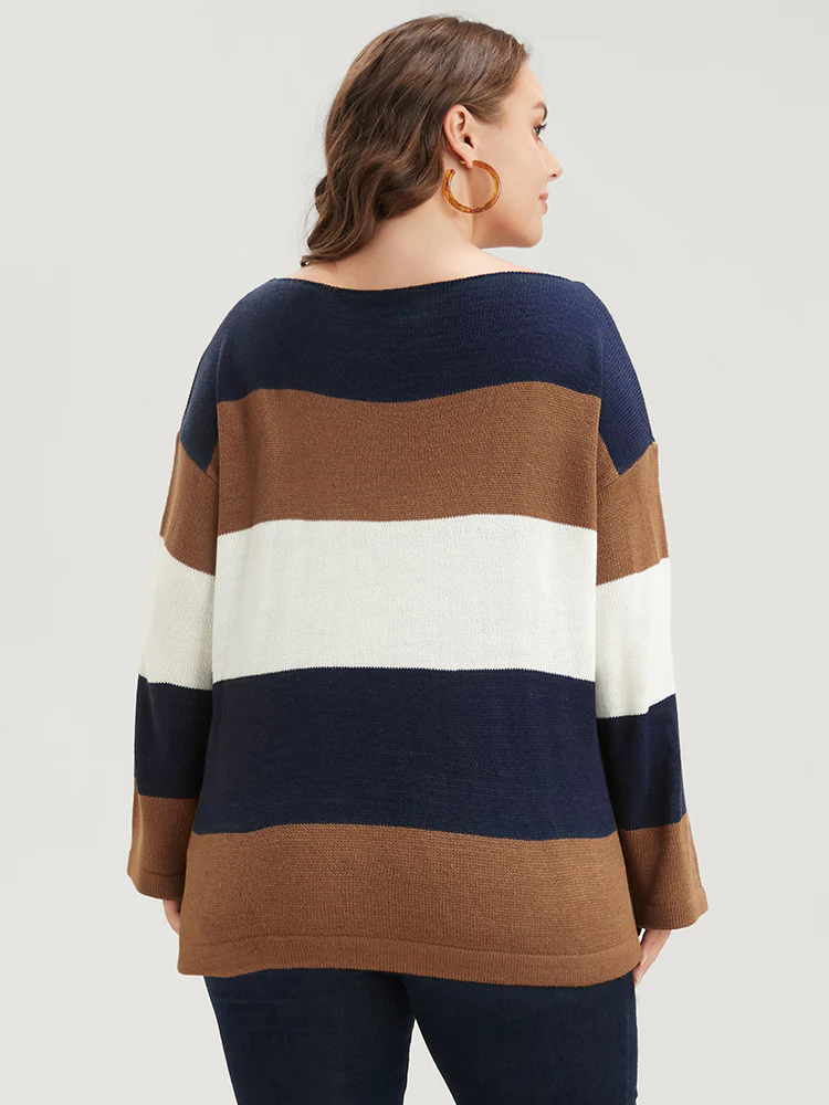 Colorblock Contrast Pointelle Knit Eyelet Split Hem Knit Top - Image 5