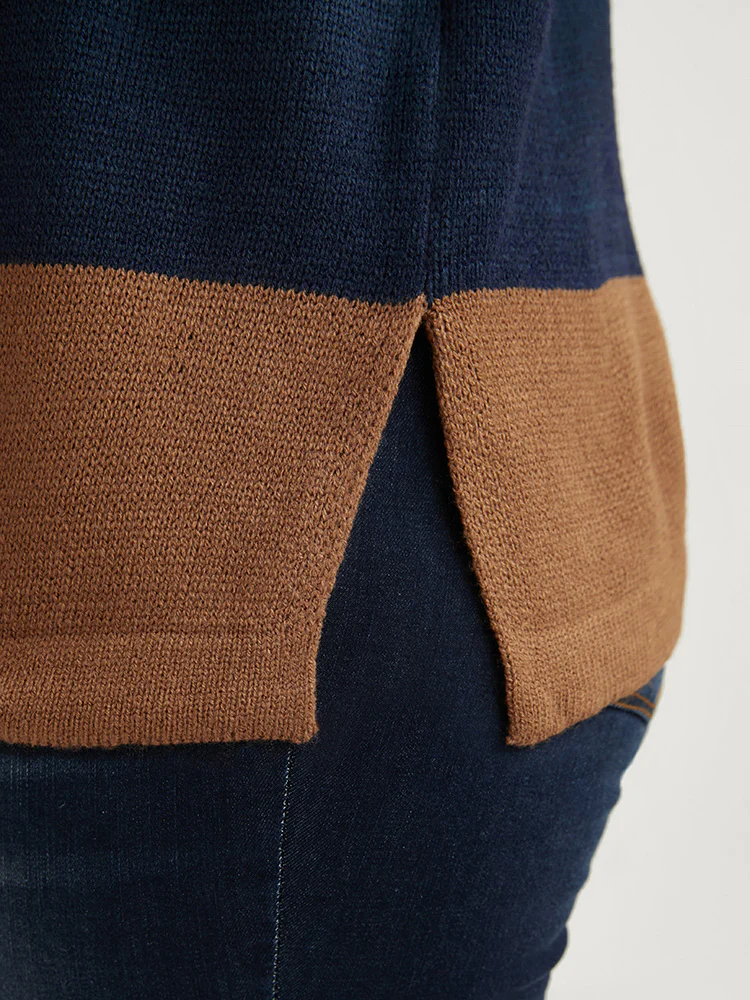 Colorblock Contrast Pointelle Knit Eyelet Split Hem Knit Top - Image 6