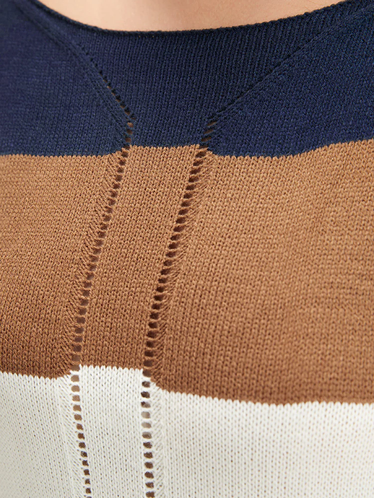 Colorblock Contrast Pointelle Knit Eyelet Split Hem Knit Top - Image 7